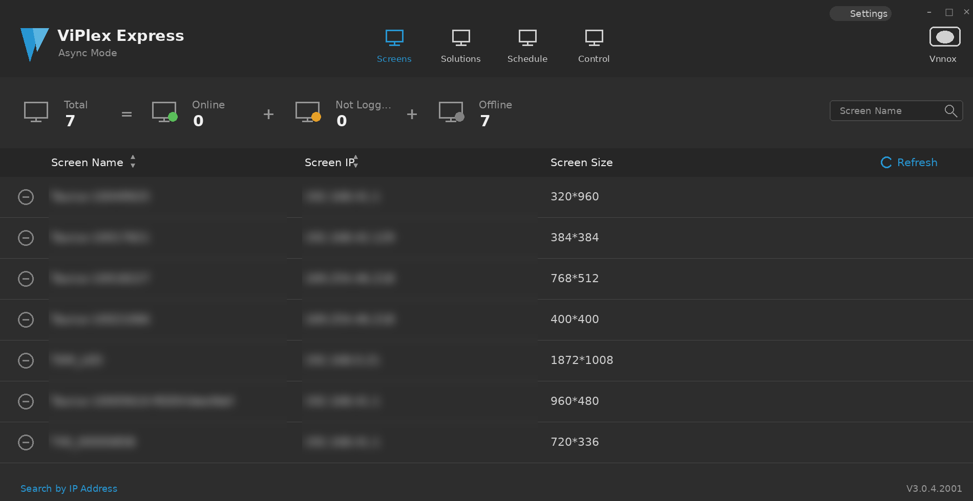 ViPlex Express Startseite – Übersicht der verbundenen Medienplayer im Async-Modus